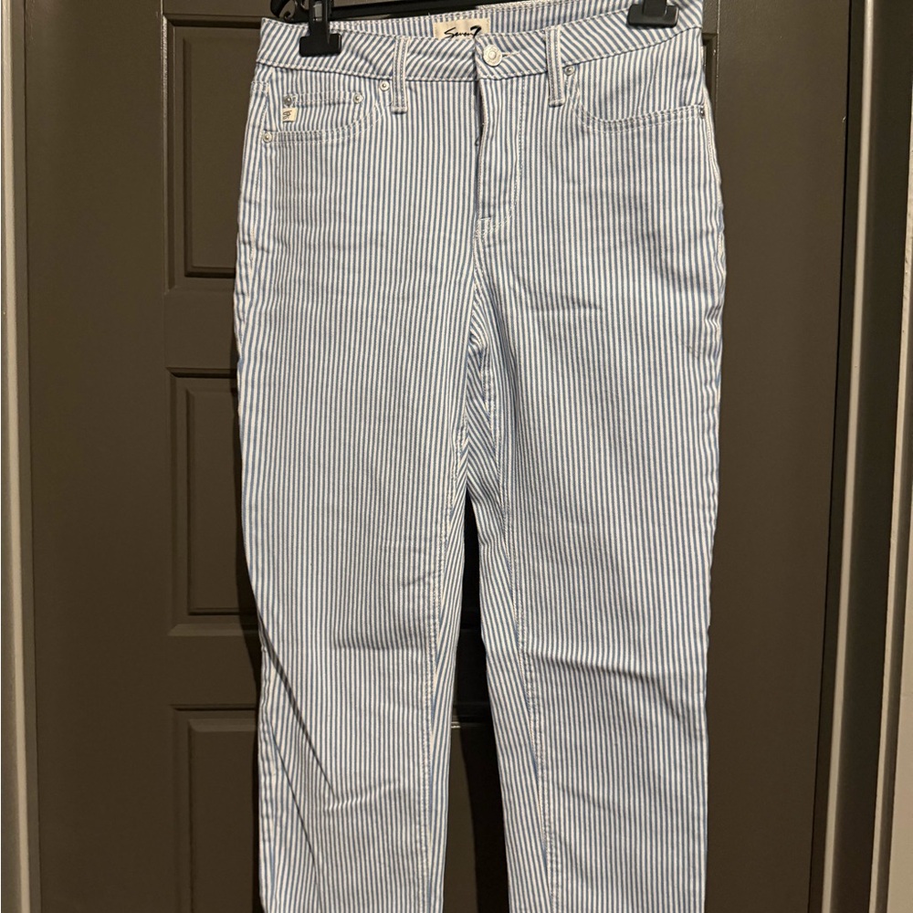 Seven7 Women's Striped Straight Leg Jeans - Blue and White